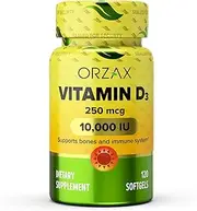 ORZAX Vitamin D3 10000 iu, 120 Days Supply, Supports Immune System & Bone Healths, Mood Booster D3 Vitamin, Gluten-Free, 250 mcg, 120 Mini Softgels