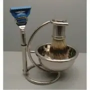 COMOY 3 Piece Chrome Shave Set - Silver Bowl Stand Razor & Brittle Brush Mach3