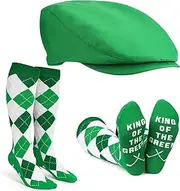 [Bunnycool] 2 Pcs Men Green Golf Socks Newsboy Hat Costume Accessories Golf Knee High Argyle Socks Flat Cap Christams Father's Day Tournament Gift