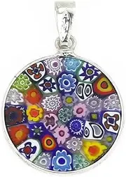 [Glass Of Venice] Murano Glass Millefiori Pendant Necklace Round Multicolor in Sterling Silver Frame 3/4" for Women - Handmade in Italy