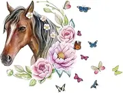 Horse and Butterflies Wall Decal, Floral Wall Sticker with Pink Roses, 70 cm x 53.5 cm, Nursery Room Decoration
