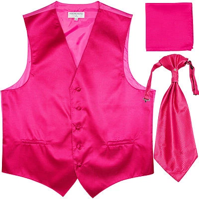 New Men's Horizontal Stripes Tuxedo Vest Waistcoat & Ascot & Hankie Set Hot Pink