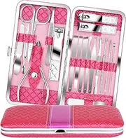 Teamkio Manicure Pedicure Nail Clippers Set Travel Hygiene Kit Stainless Steel Professional Cutter Care Set Scissor Tweezer Knife Ear Pick Tools Grooming Kits with Leather Case (18pcs, pink)