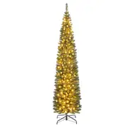Costway 210CM Pre-Lit Artificial Christmas Tree Slim Pencil Xmas Tree W/ 499 Branch Tips & 200 Warm White LED Lights Muiticolor