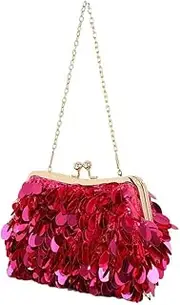 [Generic] Women Vintage Sequin Purse with Chain Shiny Sequin Handbag Kiss Lock Solid Color Underarm Bag Party Date Working Commute Bag