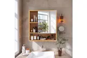 Vibe Geeks Natural Bamboo Bathroom Vanity Mirror Cabinet Wall Mounted Cupboard