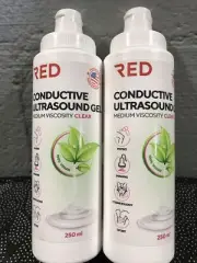 (2) RED Conductive Ultrasound Gel CLEAR Medium Viscosity Blue Psysio Imaging