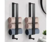 Towel Holder, 2PCS Black Towel Rail Self Adhesive Stainless Steel Hand Towel Holder Wall Mounted 43.5cm with Hook for Bathroom