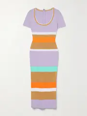 [SERGIO HUDSON] SERGIO HUDSON - Striped Mesh-paneled Cotton-blend Midi Dress - Lilac - large large Purple