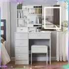 Dressing Table Mirror Stool Set Vanity Makeup Desk Organizer Drawers White
