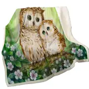 Green Forest and Flowers Owls Cuddle Throw Blanket