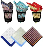 [BELLUNO] Pocket Square 6 pcs with 3 Folds Holders, Penetrating Printed Handkerchiefs Set for Men