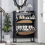 Furb Shoe Cabinet with Genuine Rattan Doors 12 Pairs Modern MDF Shoe Storage Organiser Rack with Metal Legs & Handles for Entryway, Hallway, Living Room(Black)