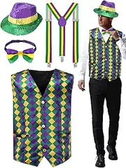 [ShinyMatch] 4 Pcs Mardi Gras Men's Vest Set Adult Suspenders Sequin Hat Bow Tie Accessory Set for Mardi Gras Carnival Parade
