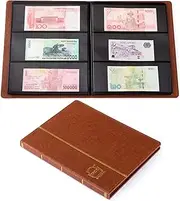 Leather 60-Pocket Dollar Bill Holders for Collectors Paper Money Album Currency Collection Supplies Book Travel Banknote Stamp Storage,Collection Folder for Paper Souvenirs (Brown)