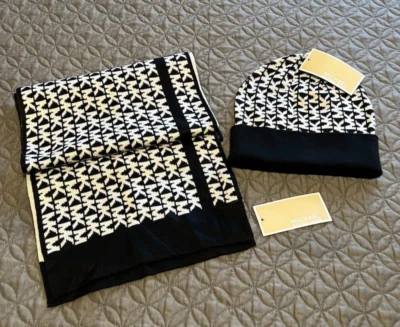 Michael Kors Black White Hat Beanie And Reversible Scarf Set NWT