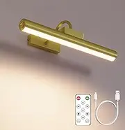 Picture Light Battery Operated, 13in Wireless Art Light for Paintings, Dimmable 5000mAh Recharging Battery Picture Light with Remote Control for Wall, Gallery Dartboard Art Bedroom (Gold-1Pack)
