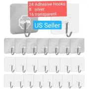 New 24x Super Strong Self Adhesive Wall Hooks 8 silver and 16 transparent 15 lb