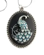 Vintage Peacock Bird Cameo Necklace Pendant, Sterling Silver Chain Teal Feathers
