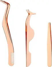 3pcs Eyelash Tweezers, Multifunctional Lash Tweezers Set Stainless Steel Eyelash Applicator Tool Reusable Eyelash Extension Tweezers for False Lashes Makeup (Rose Golden)