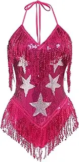 [ABAFIP] Women's Sequin Fringe Dance Bodysuit Halter V-Neck Sparkly Tassel Leotard Rave Festival Outfits