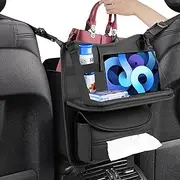 Car Seat Organizer Nappa Leather Handbag Holder with Folding Seatback Table Tray, Auto Center Console Tidying Organisers for Bag,Phone,Keys,Drink,Tissue,Sunglass (Black with Tray)