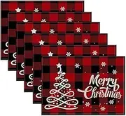 Set of 6 Christmas Placemat Merry Christmas Red Plaid Placemats Xmas Table Placemats Holiday Dinner Table Party Winter Decorations 12x18 Inches (Grey)