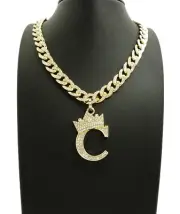 Hip Hop Initial C Pendant & Iced 10mm 18" Cuban Choker Chain Fashion Necklace
