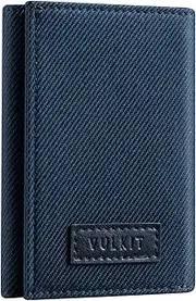 [VULKIT] Minimalist Leather RFID Blocking Trifold Wallet Slim Credit Card Holder with 3 ID Windows & Zipper Pocket for Men (Blue)