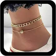 [Inilbran] Boho Layered Cuban Chain Anklet Bracelet Vintage Bead Anklets Gold Chunky Chain Foot Bracelet Cuban Cut Curb Link Jewelry for Women, Zinc