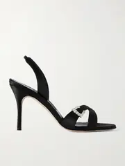 [Manolo Blahnik] Manolo Blahnik - Ramisli 90 Crystal-embellished Satin Slingback Sandals - Black - IT40.5 IT 40.5 Black