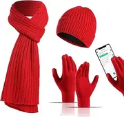[Loboo Idea] Winter 3 PCS Warm Knit Beanie Hat Long Scarf Touch Screen Gloves Set, Winter Beanie Hat Touchscreen Gloves Scarf Set