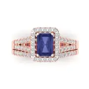 1.6ct Emerald Round Cut Halo Tanzanite Stone Promise Bridal set 14k Rose Gold