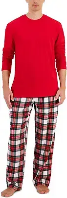 Club Room Men's Plaid Fleece Pajama Top Pants Set, Red Plaid, Medium