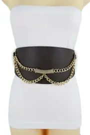 Women Dark Brown Faux Leather Stretch Corset Fashion Belt Gold Metal Chain S M