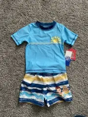 NWT Boys Size 18 Months Cocomelon Swim Trunks w/ Rash Guard T-Shirt Blue Yellow