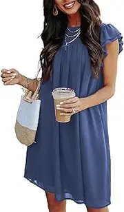 [KIRUNDO] Women's 2023 Summer Casual Dress Ruffle Sleeve Crew Neck Short Mini Dress Solid Loose Flowy Chiffon Shift Dresses