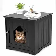 Costway Cat Litter Box Enclosure, Covered Enclosed Kitty Litter Box Square, Small Litter Box Furniture Hidden, Cat (Black)