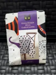 Halloween Peva White Witch Hat Spider Webs Vinyl Tablecloth 60x90 Rectangle NWT