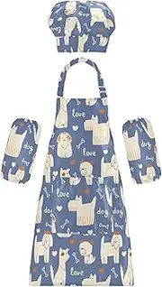 AIXIWAWA Kids Apron Chef Hat Set, Child Kitchen Bib Aprons Adjustable for Cooking Baking Painting (Naive Cute Dogs)