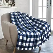 PAVILIA Buffalo Check Fleece Throw Blanket | Blue White Checkered Plaid Flannel Blanket | Soft Velvet Lightweight Microfiber Blanket for Couch Sofa | 50x60 Inches Checker Navy
