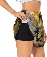 [GaxfjRu] Autumn Tree with Aged Old Bike Print Women's Running Shorts High Waisted Running Shorts Pocket Sporty Gym Elastic Short