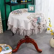 Decorative Red Printed Flower Lace Chenille Round Printed Tablecloth Dinner Party Summer Outdoor Picnic Tablecloth, Anti-Wrinkle/Beige/Diameter 140Cm