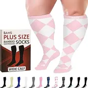 [BAMS] Plus Size Compression Socks Wide Calf XXL XXXL – Graduated Bamboo Knee-High Support Argyle Gray