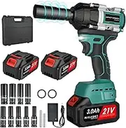 Impact Wrench, Cordless Impact Wrench with 1/2 inch Driver 21V 500N.m Torque with 9 Sockets, 14mm 17mm 19mm 21mm, and 2 Pack Battery 3000mAh Li-Ion Variable Speed for Car Wheel