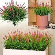 12 Bundles Artificial Plants Outdoor Fake Monkey Grass with Flowers for Pot UV Resistant Garden Decor for Window Garden Patio Hanging Planter Pathway Front Porch (12, Pink)