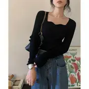 Long-Sleeve Sweetheart-Neckline Plain Ribbed Knit Top Black - One Size