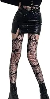 [XIROM UN] Halloween Spiderweb Gothic Tight Stockings Women Fishnet Stockings Suspender Pantyhose Bat Spider Web Thigh High Stockings Striped Open Crotch Mesh Tights（Black）