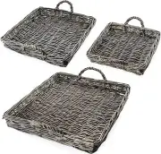 Gray Washed Willow Square Basket Trays 3pc Set, Natural Wicker Woven Serving