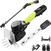 Long Reach Hedge Trimmer, Cordless Strimmer Grass Cutter with 2 Blades 1.53m/60.2in Telescopic Rod, Dual Wheels and Protective Cover, Electric Scissors Secateurs Pruning Shears Garden 2 Batteries